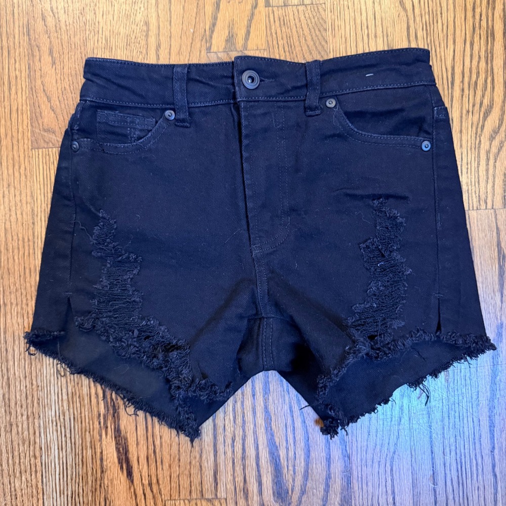 BCBGeneration High Rise Distressed Denim Shorts Size 0/24 Black Frayed‎ Hem